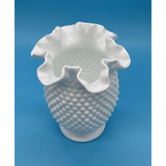 Vintage Fenton White Hobnail Milk Glass Double Crimped Vase 8" tall - Picture 2 of 5
